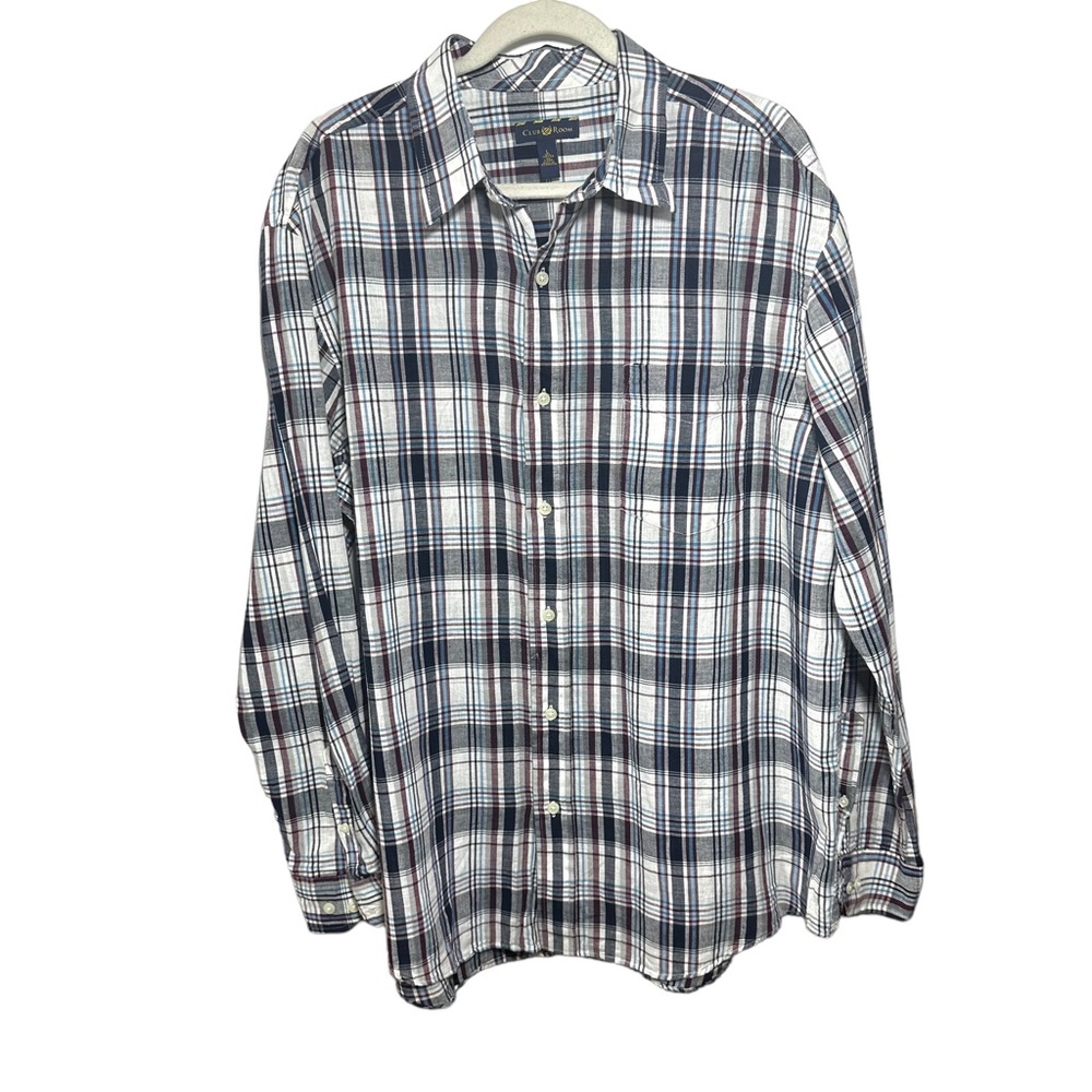 Club Room by Charter Club Mens Sz L Button Up Plaid Dress Shirt Linen Blend